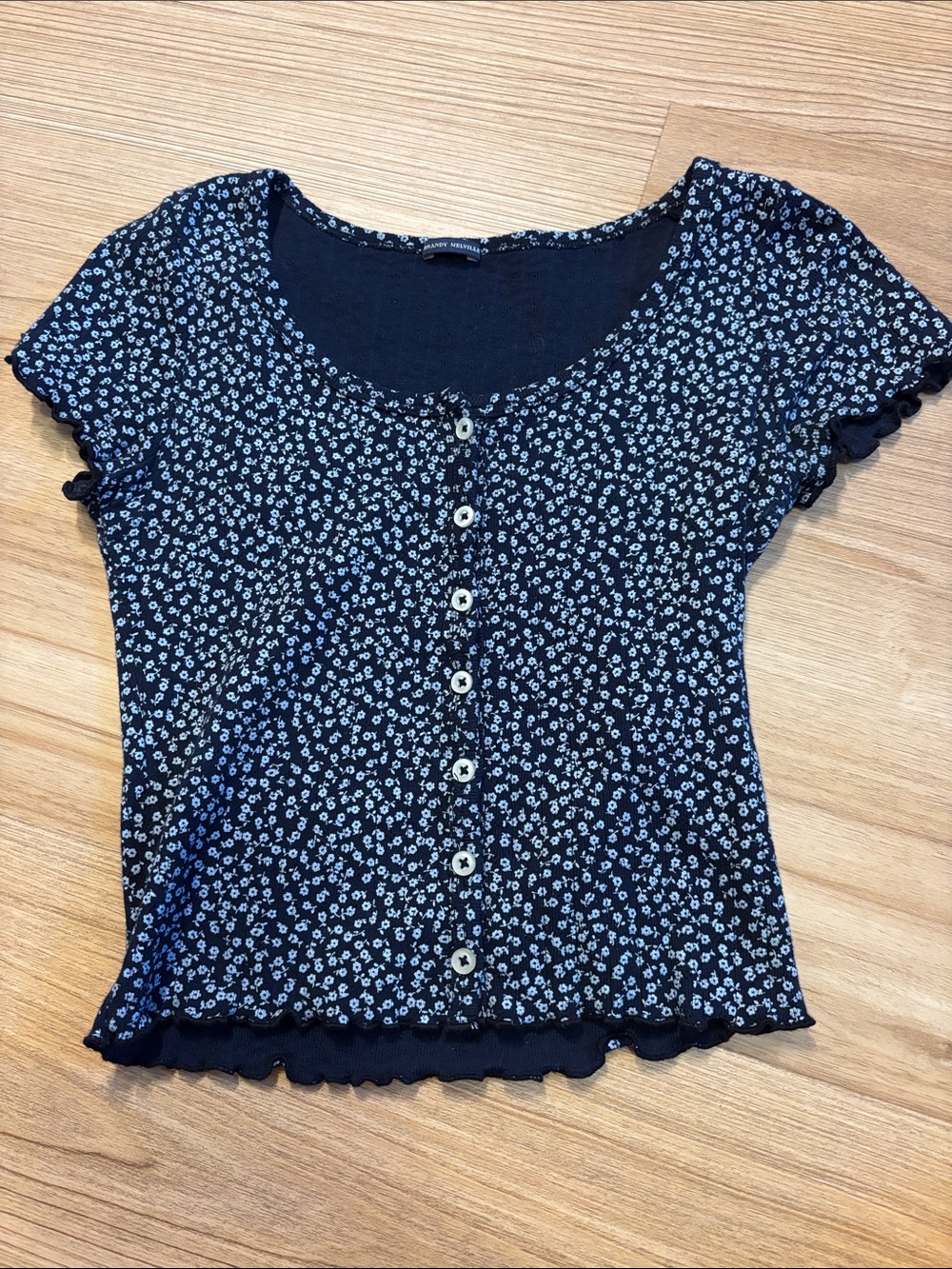 Brandy Melville Navy Floral Button-Front Short Sleeve Top
